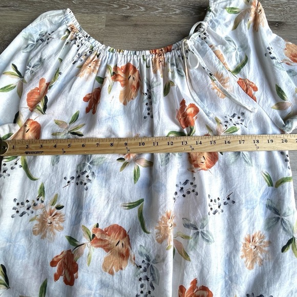 Hester & Orchard Floral Linen Blouse Womens Large Bow Collar Peasant Lightweight - Picture 3 of 8